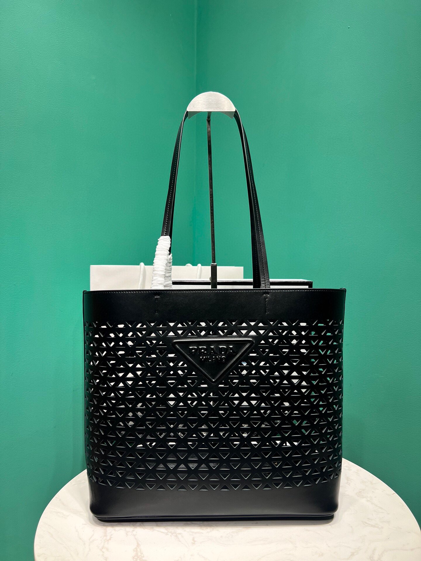 Prada Large Perforated Leather Tote Bag Handbag Black 1BG503